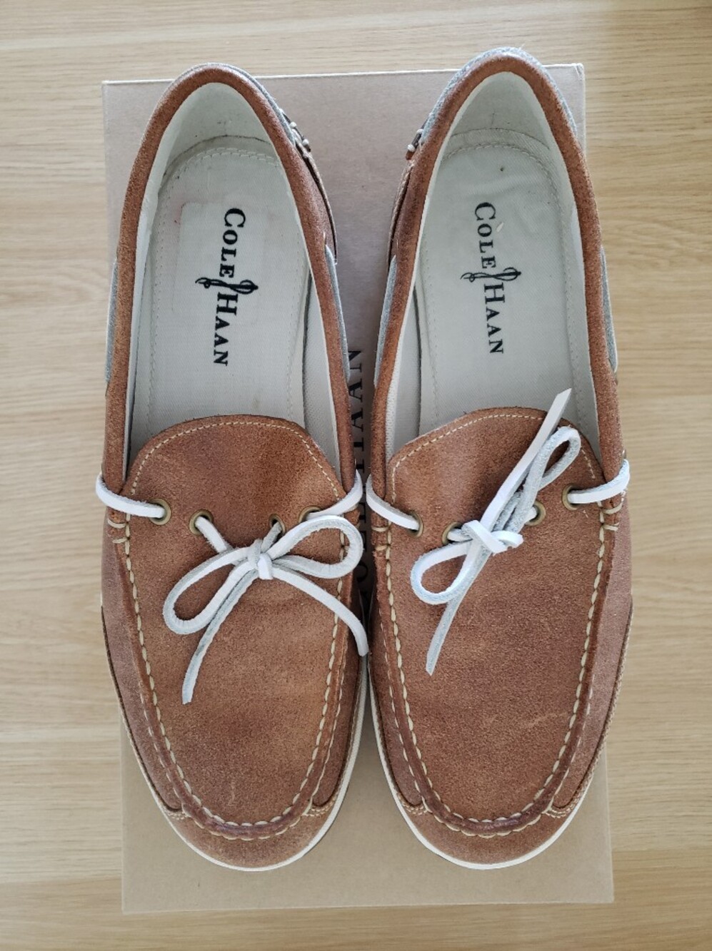 Cole Haan Brown Leather Men’s Boat Shoes with White Laces